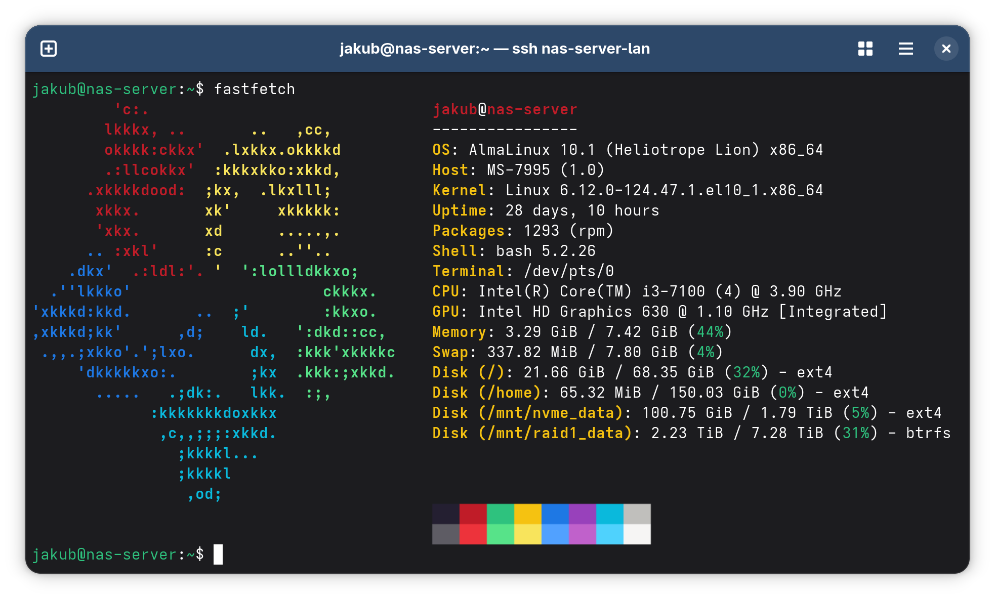 Fastfetch výpis na mém NAS serveru s přehledem základních parametrů.