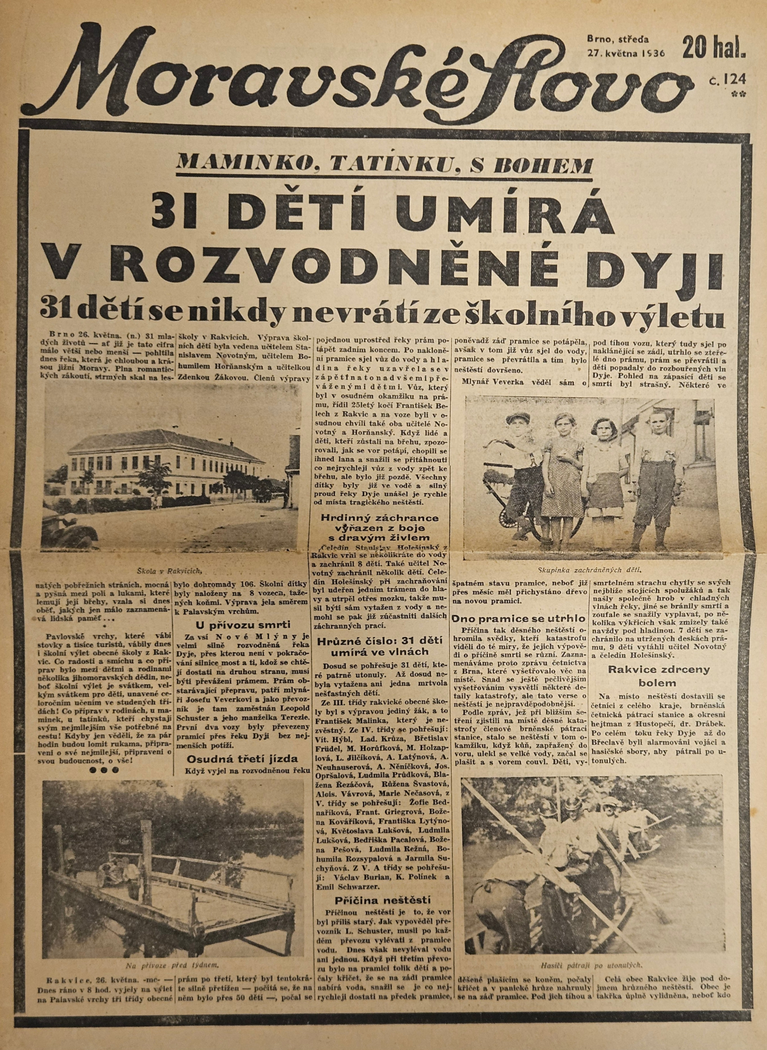Moravské Slovo ze dne 27. května 1936: Titulní stránka věnována rakvické tragédii.