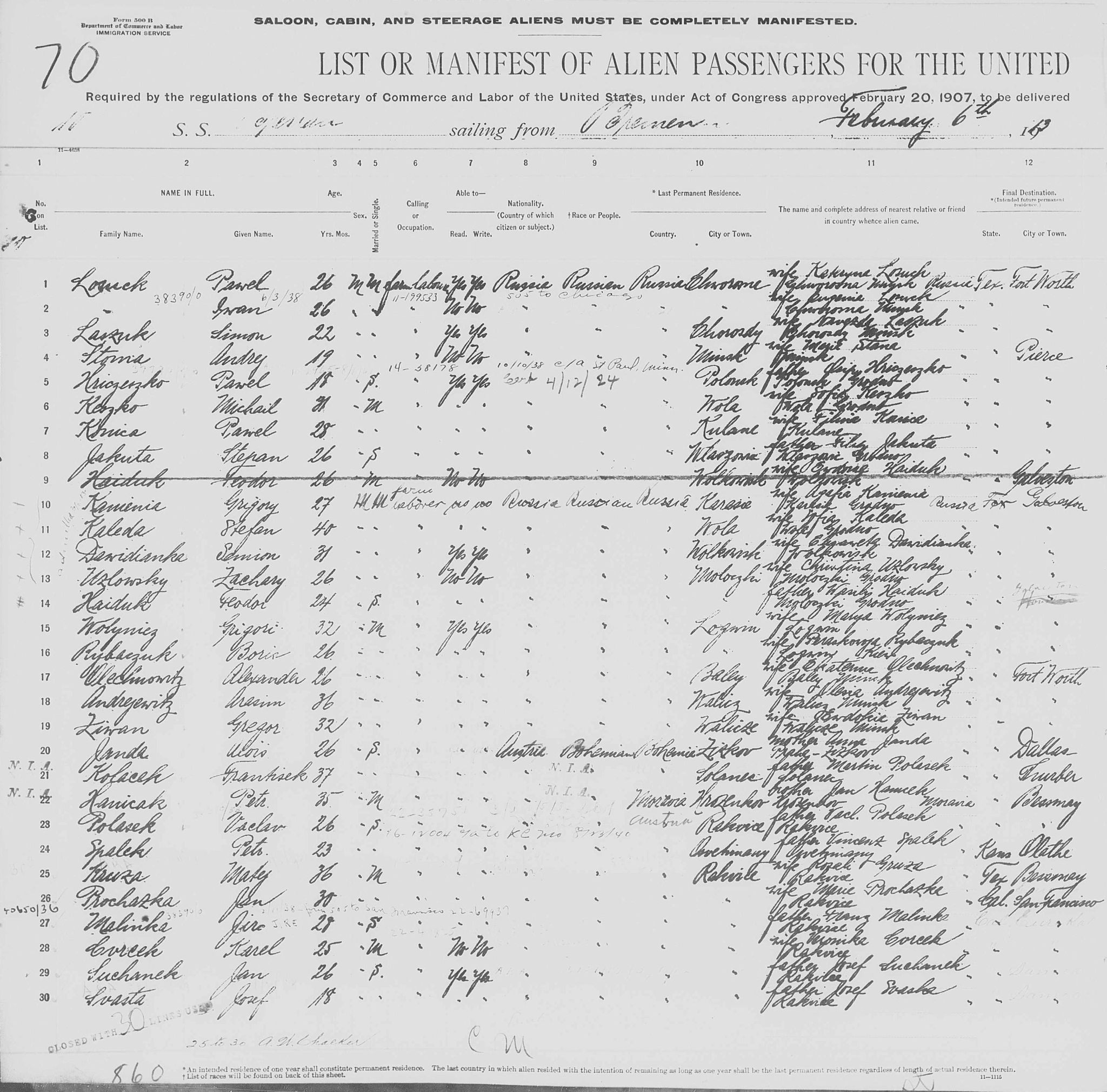 Seznam části pasažérů (včetně 7 Rakvičanů) na lodi plující v roce 1913 z Brém do Texasu.